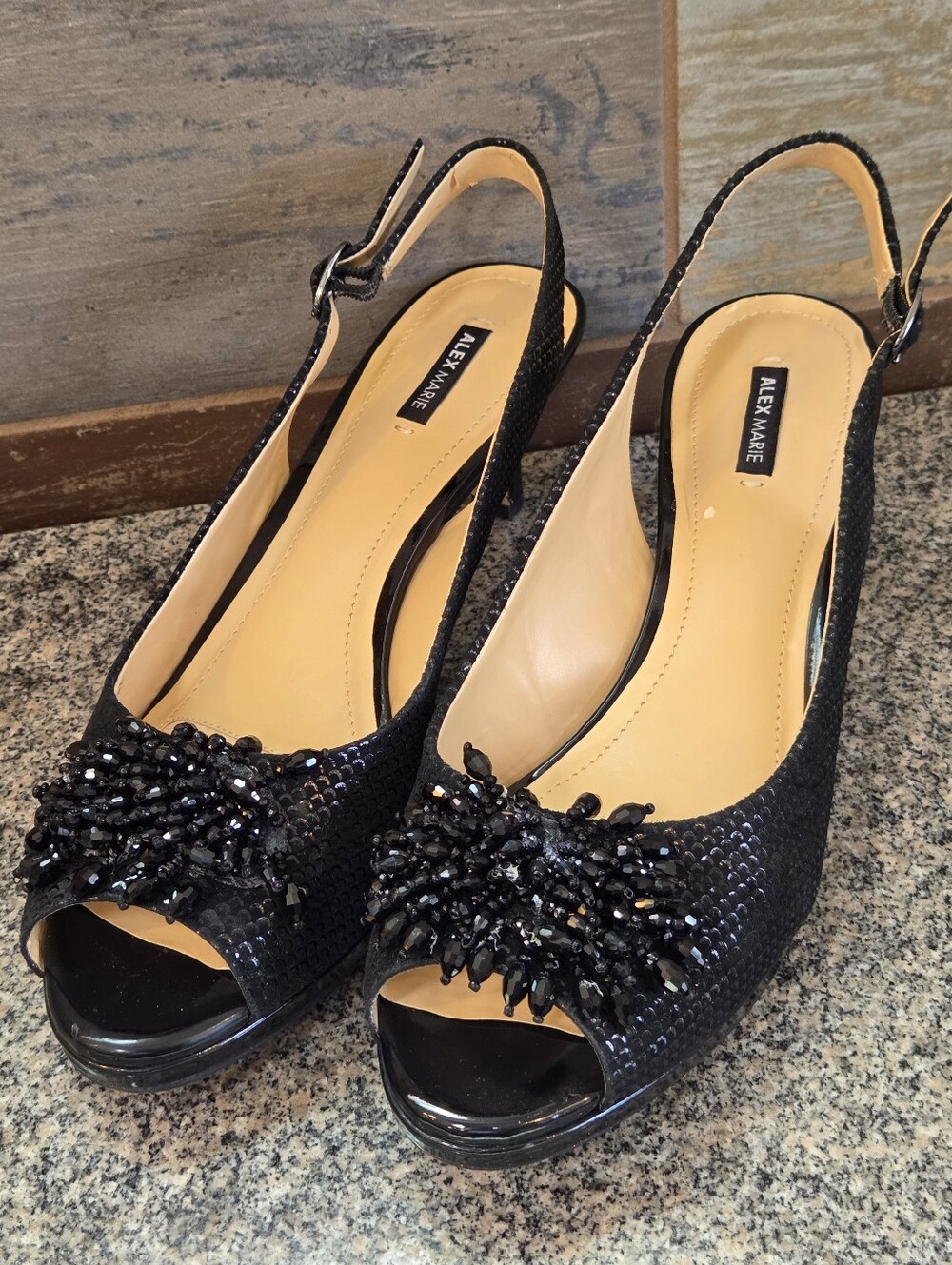 Black Alex Marie Marla Rhinestone Embellished Slingback Kitten Heel Size 10